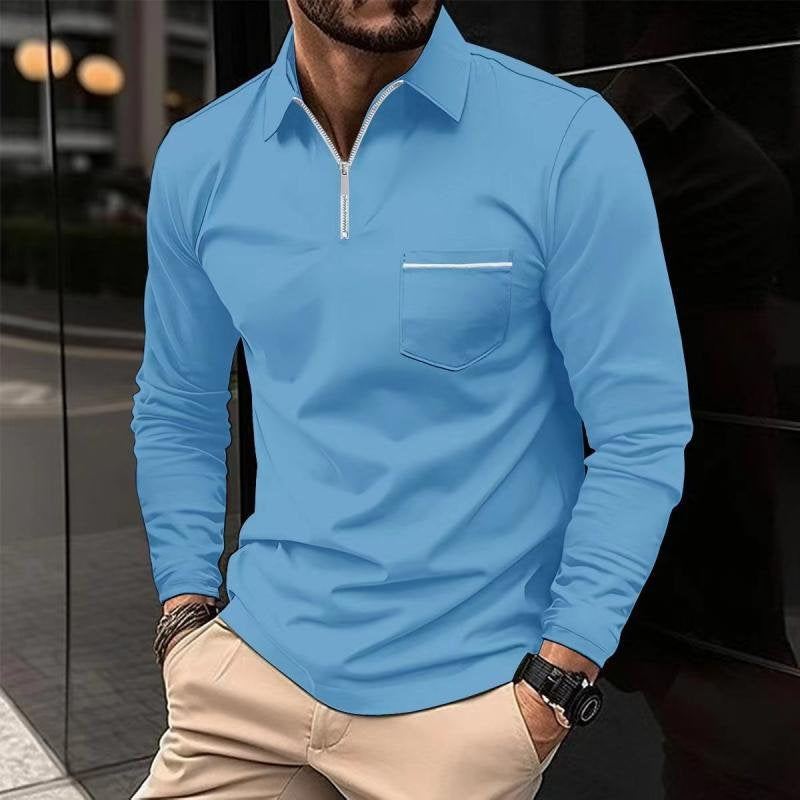 Poloshirt Herren langarm mit Zip und heller Taschenkante - Hellblau #Farbe_Hellblau