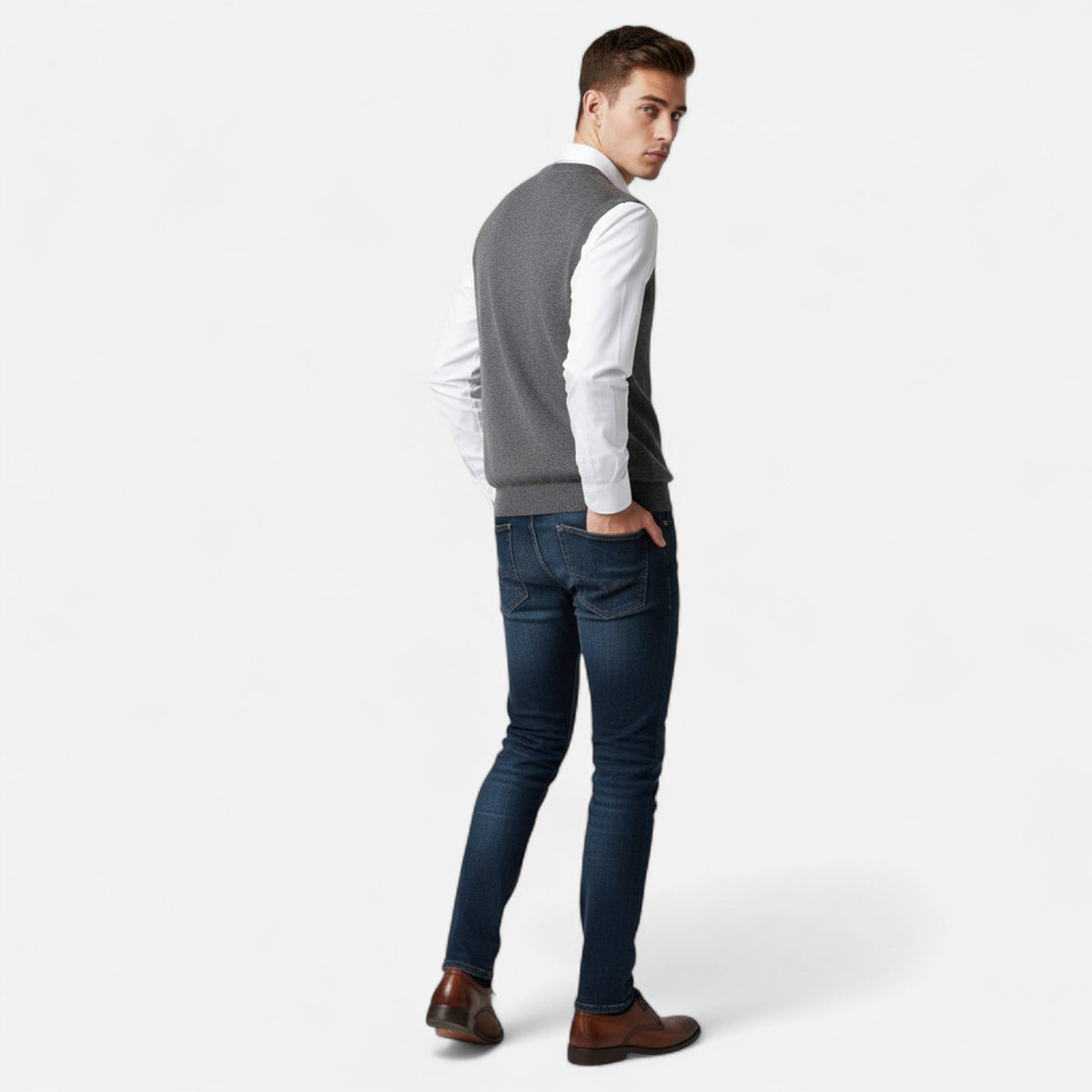 Pullunder Herren mit V-Ausschnitt und Rippabschlüssen - Grau #Farbe_Grau