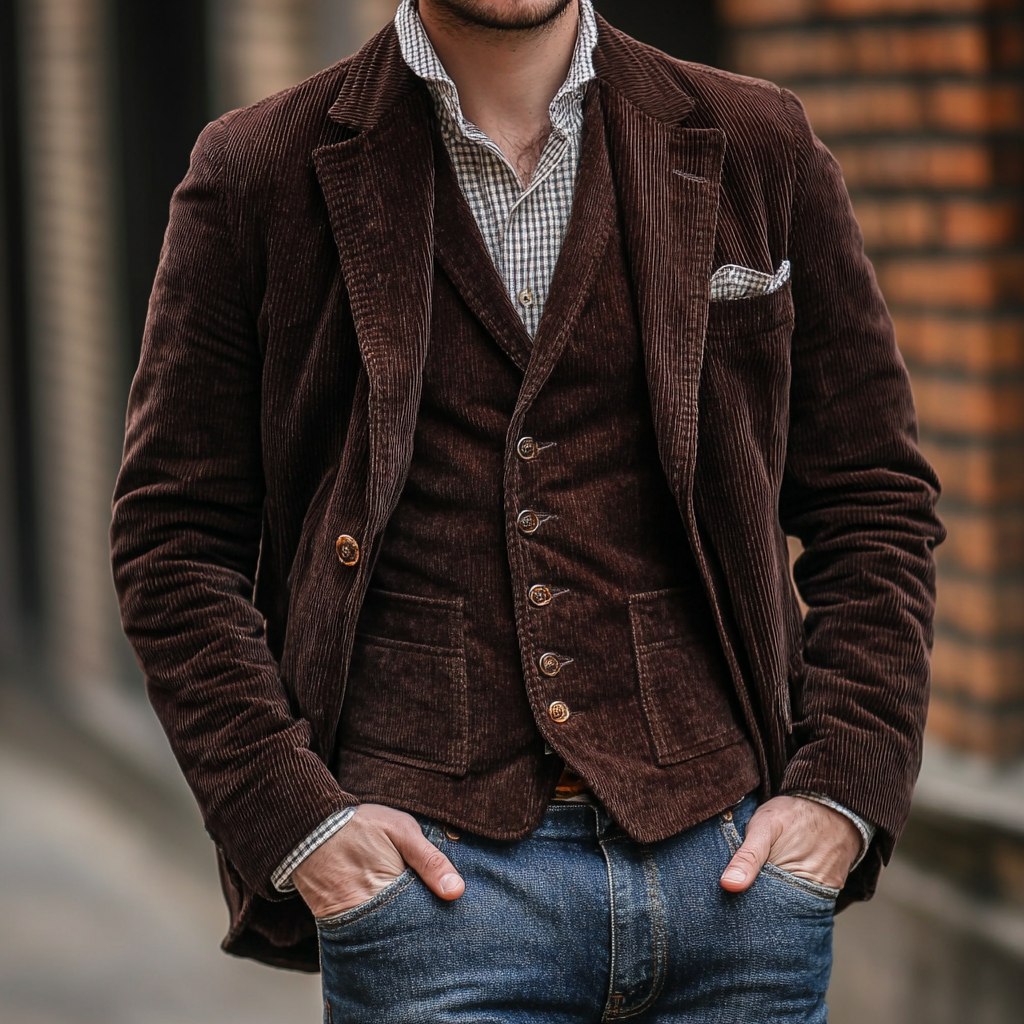 Sakko Herren mit passender Knopfweste und breitem Revers - Braun #Farbe_Braun