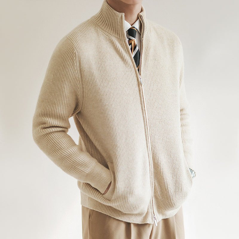 Strickjacke Herren mit feinen Rippen und Stehkragen - Beige #Farbe_Beige