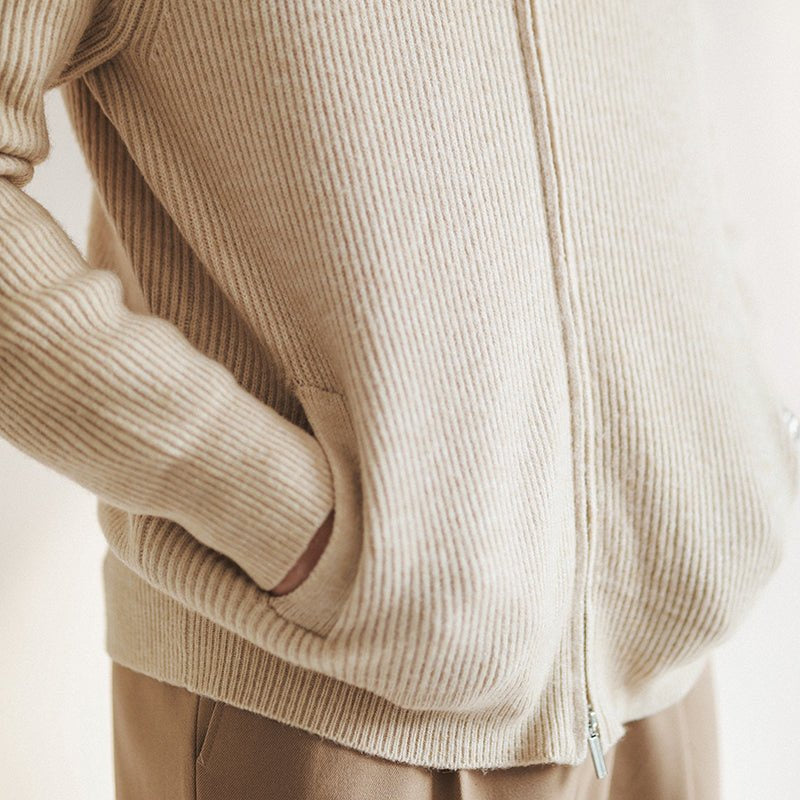 Strickjacke Herren mit feinen Rippen und Stehkragen - Beige #Farbe_Beige
