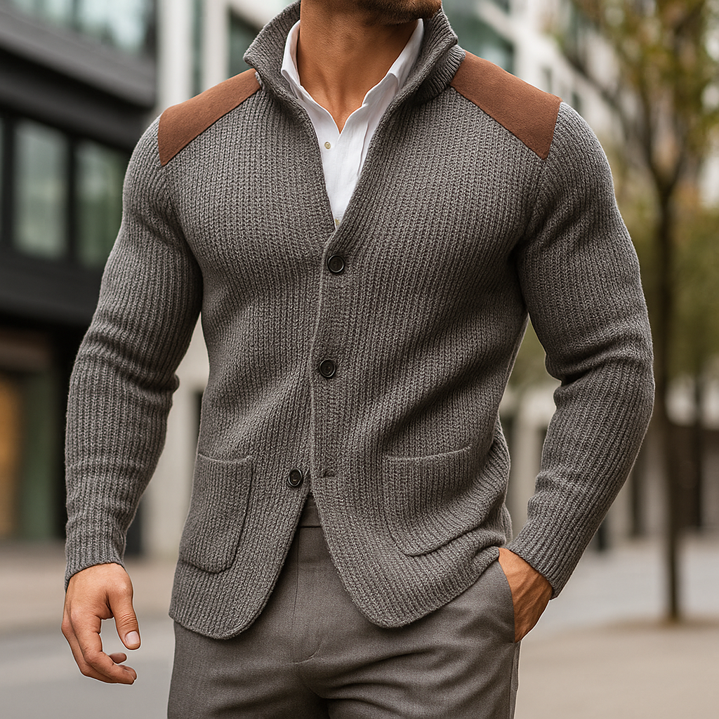 Strickjacke Herren mit Schulterbesatz und Knopfverschluss - Grau #Farbe_Grau