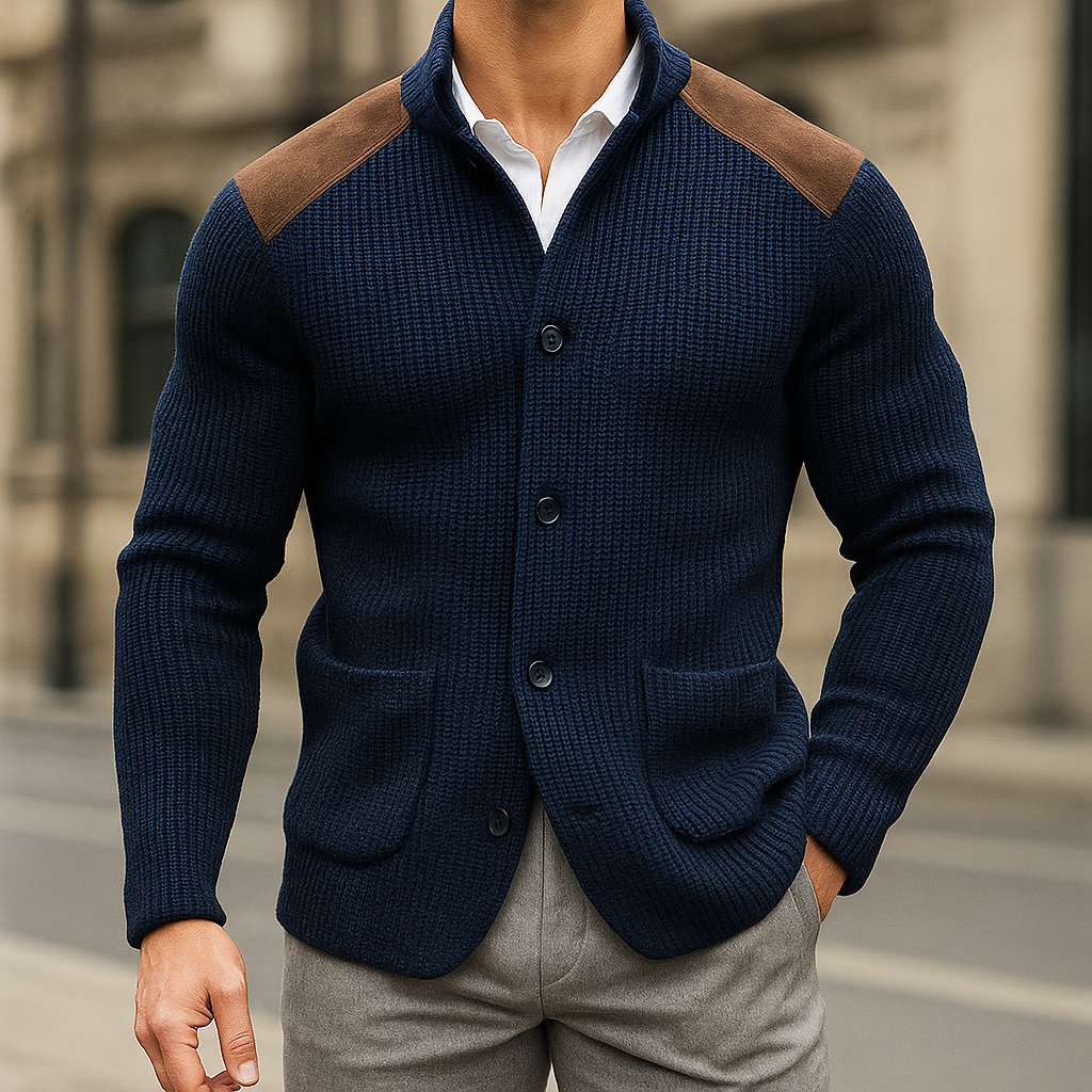 Strickjacke Herren mit Schulterbesatz und Knopfverschluss - Marineblau #Farbe_Marineblau
