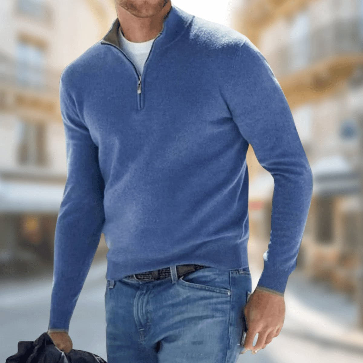 Strickpullover Herren mit hohem Kragen und glattem Saum - Blau #Farbe_Blau