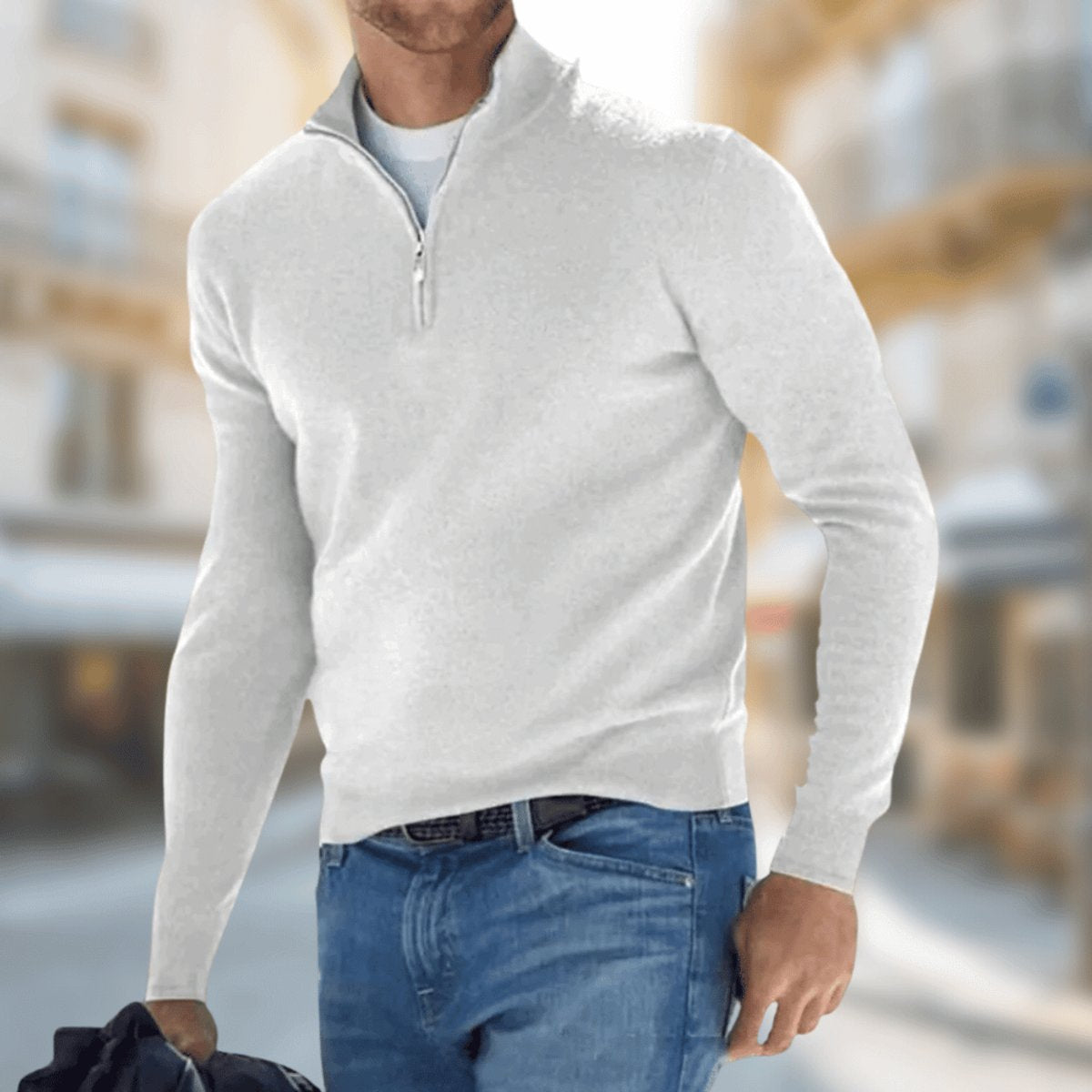 Strickpullover Herren mit hohem Kragen und glattem Saum - Weiss #Farbe_Weiss