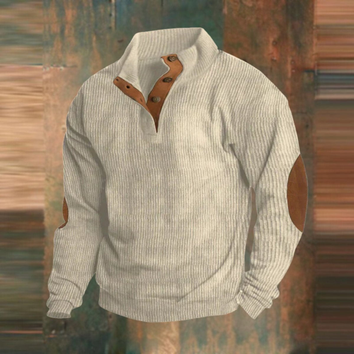 Strickpullover Herren mit Knopfblende und Ellbogenpatches - Beige #Farbe_Beige