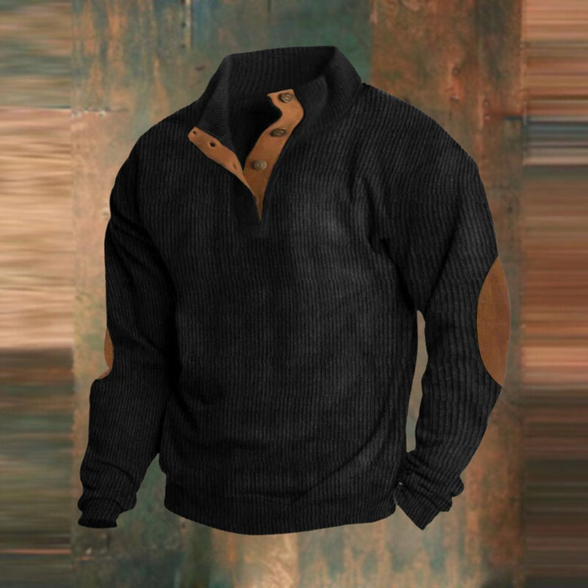 Strickpullover Herren mit Knopfblende und Ellbogenpatches - Schwarz #Farbe_Schwarz
