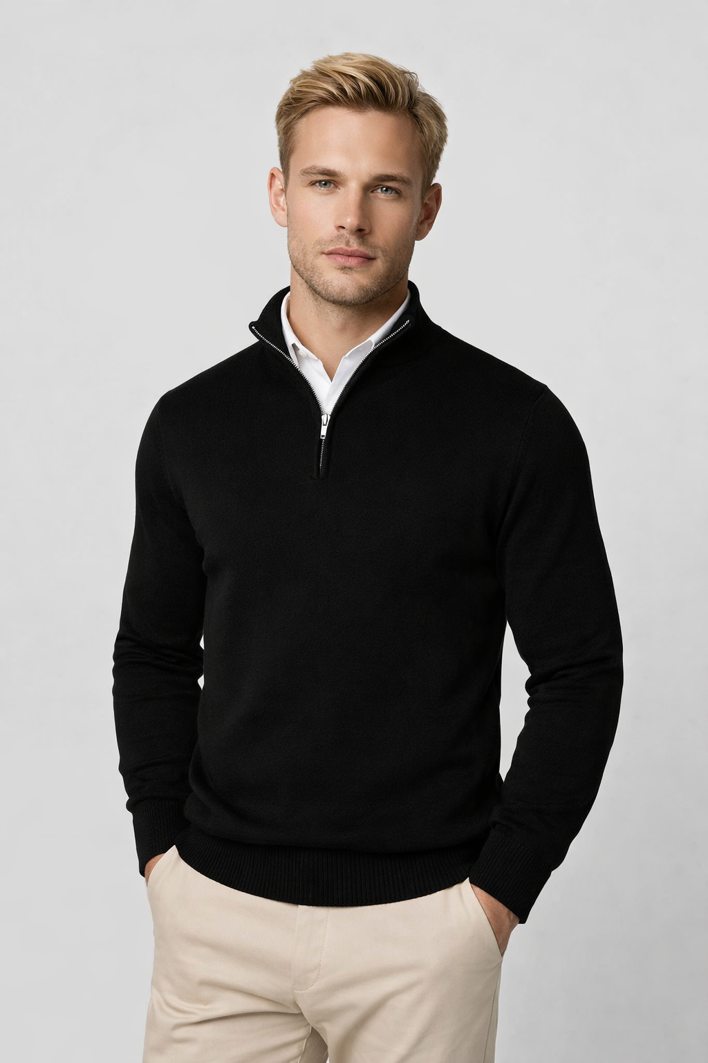 Strickpullover Herren mit kurzem Zip und schmalem Bund - Schwarz #Farbe_Schwarz