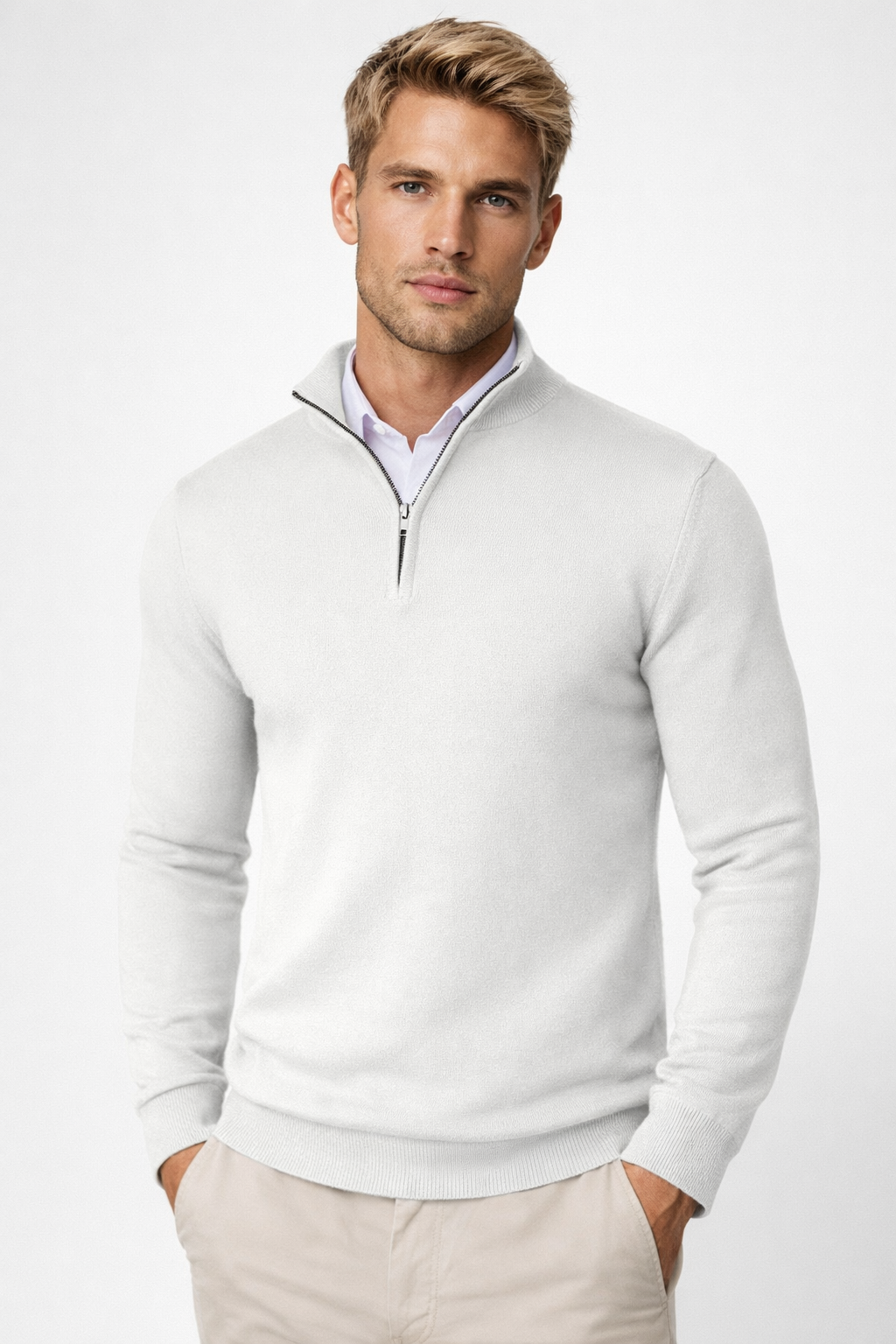 Strickpullover Herren mit kurzem Zip und schmalem Bund - Weiss #Farbe_Weiss