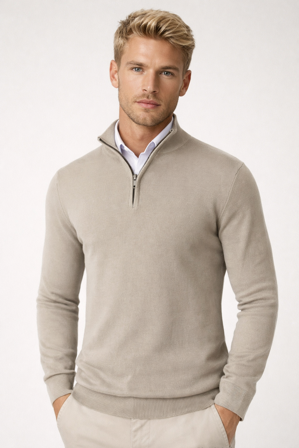 Strickpullover Herren mit kurzem Zip und schmalem Bund - Beige #Farbe_Beige