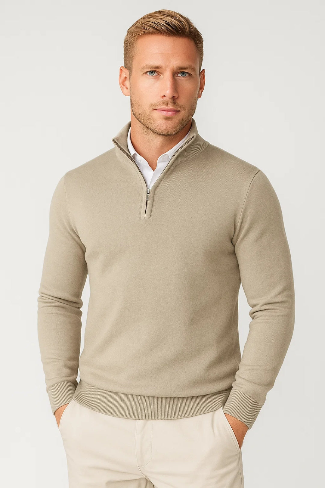 Strickpullover Herren mit kurzem Zip und schmalem Bund - Beige #Farbe_Beige