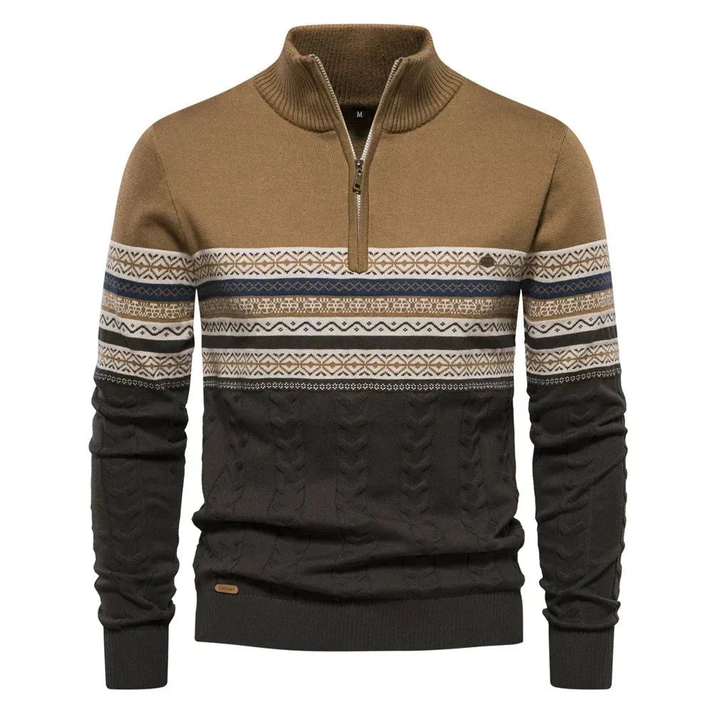 Strickpullover Herren mit Quermuster und Zipkragen - Khaki #Farbe_Khaki