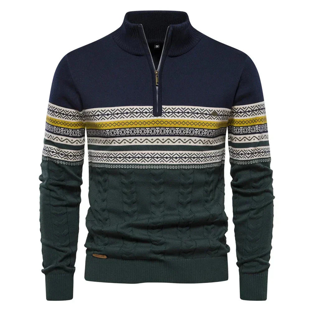 Strickpullover Herren mit Quermuster und Zipkragen - Blau #Farbe_Blau