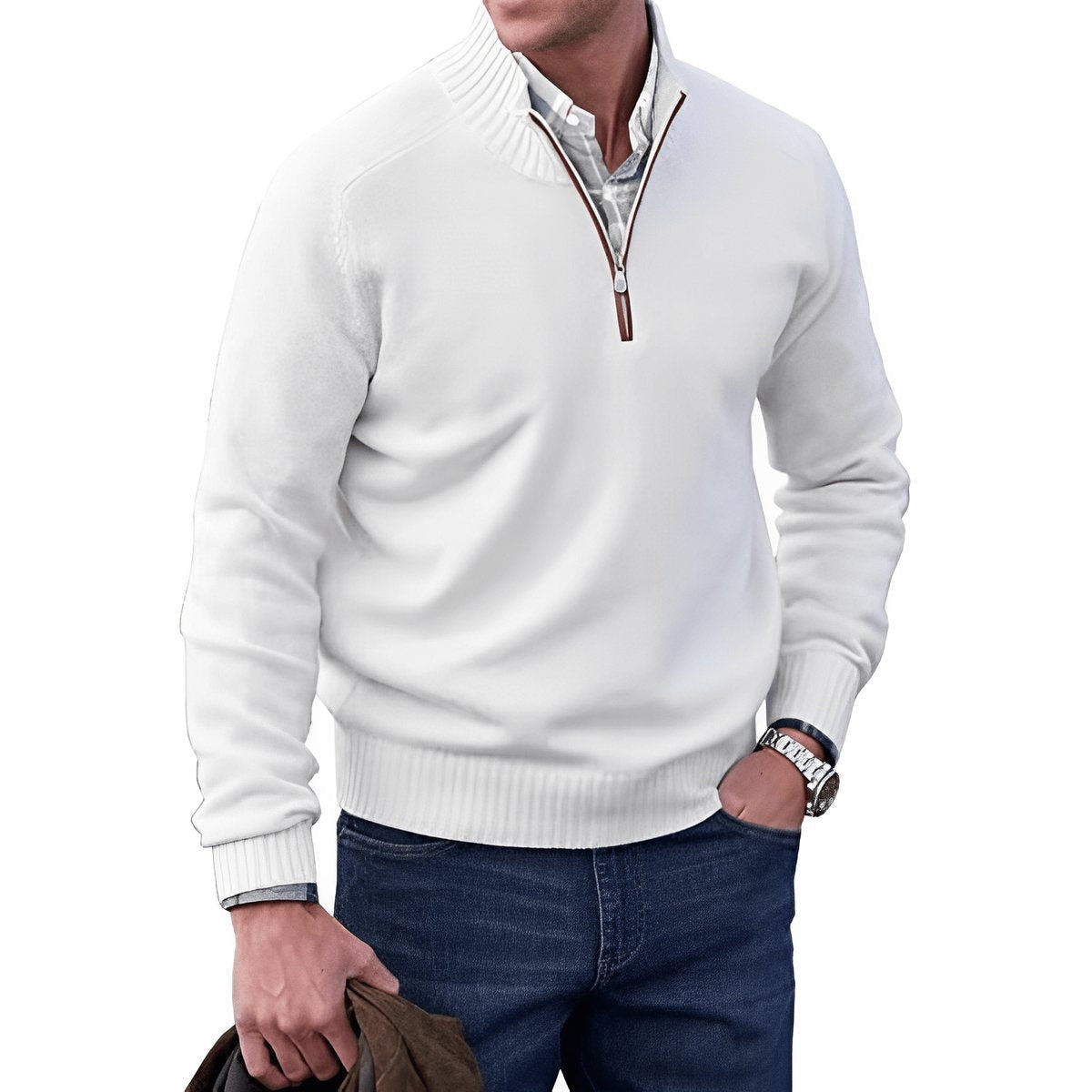 Strickpullover Herren mit Rippenkragen und kurzem Zip - Weiss #Farbe_Weiss