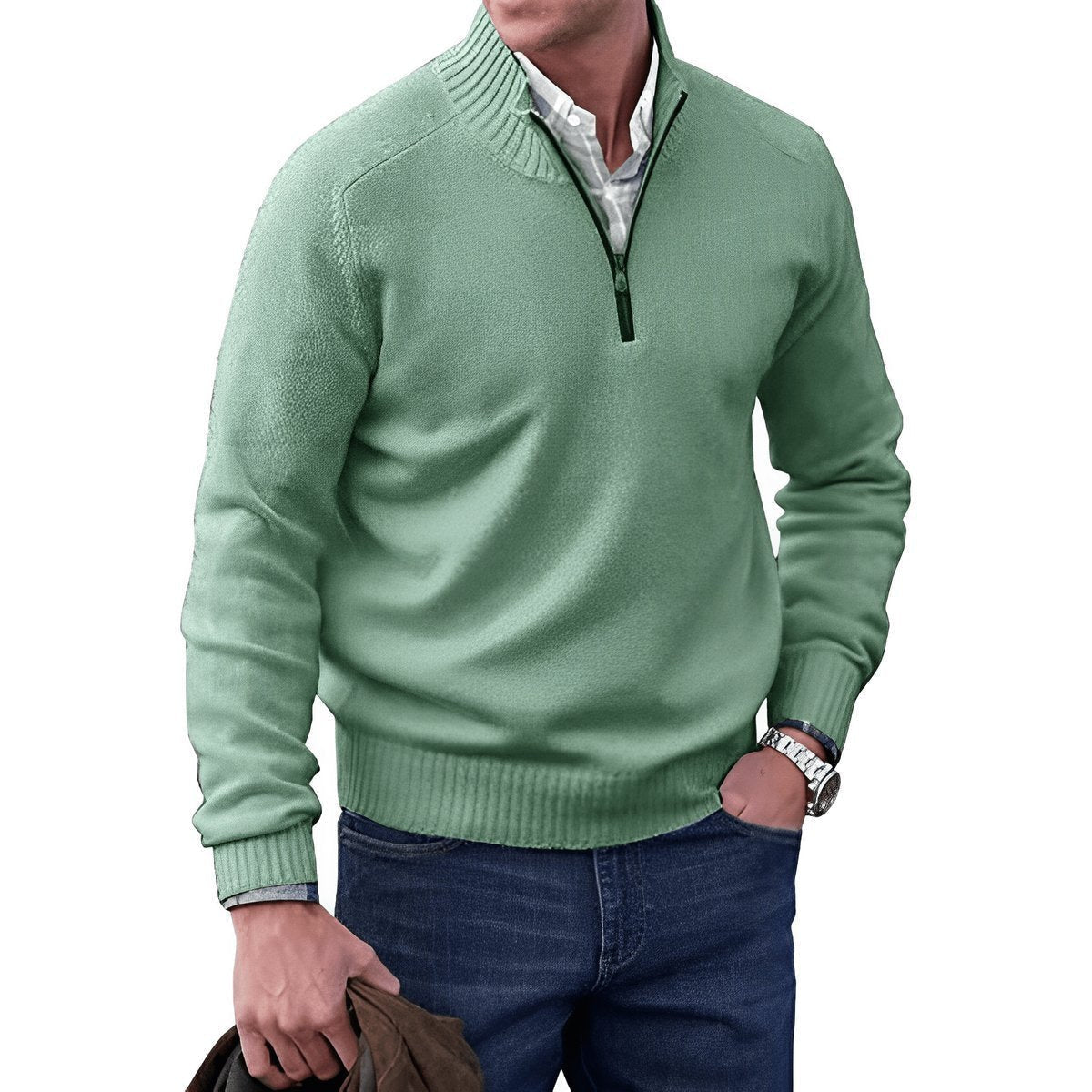 Strickpullover Herren mit Rippenkragen und kurzem Zip - Grün #Farbe_Grün