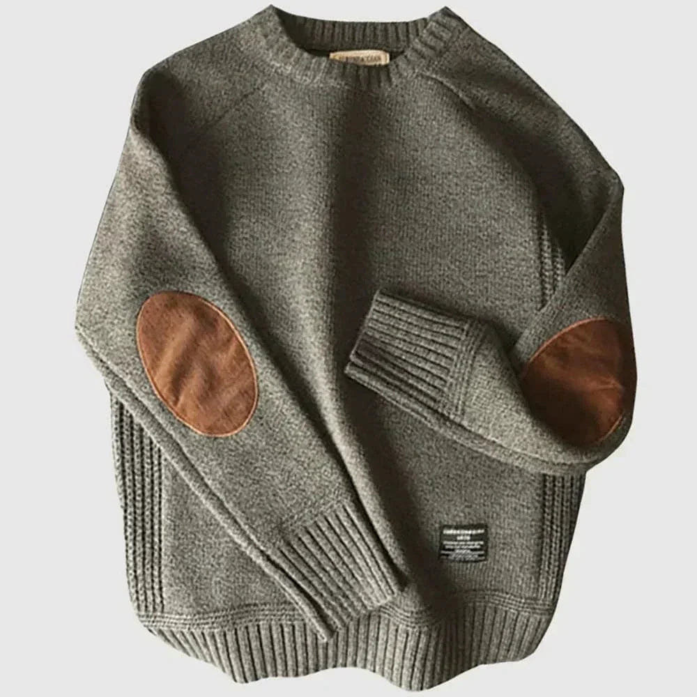 Strickpullover Herren mit Rundhals und Ellbogenbesatz - Grau #Farbe_Grau