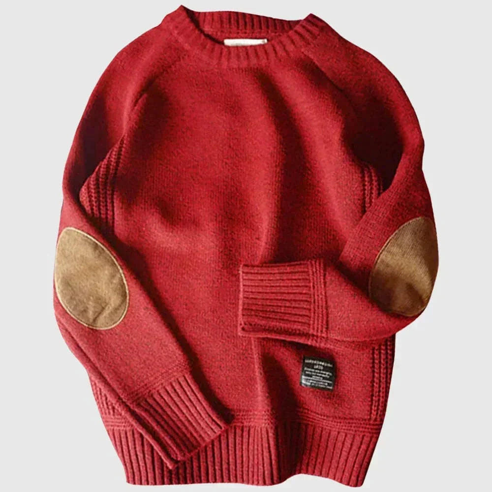 Strickpullover Herren mit Rundhals und Ellbogenbesatz - Rot #Farbe_Rot