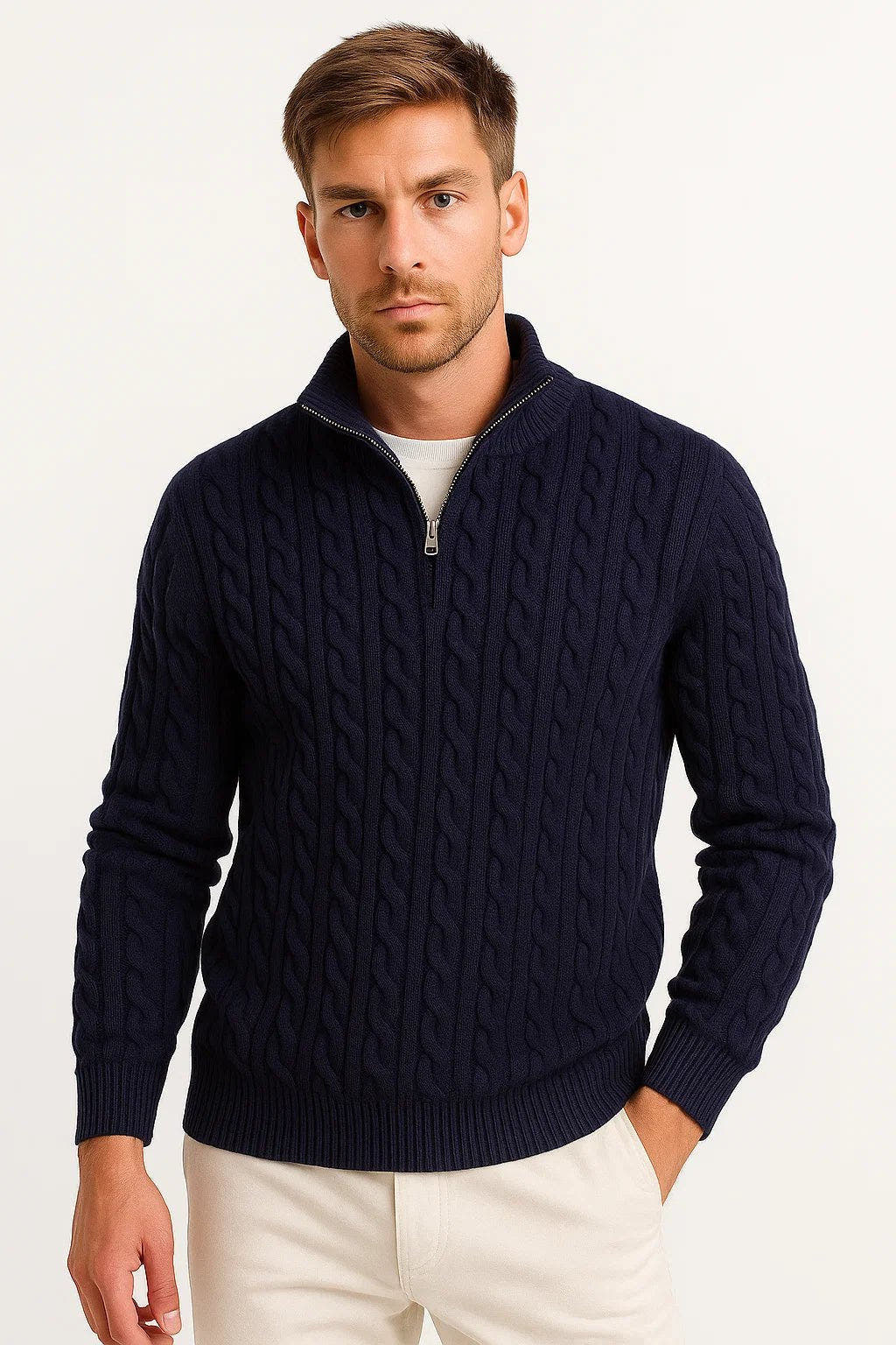 Strickpullover Herren mit schmalen Zöpfen und Zipkragen - Marineblau #Farbe_Marineblau