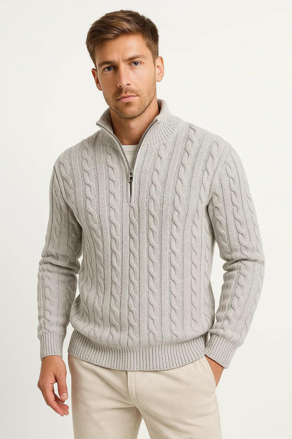 Strickpullover Herren mit schmalen Zöpfen und Zipkragen - Hellgrau #Farbe_Hellgrau