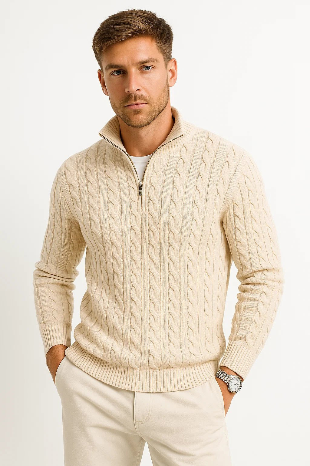 Strickpullover Herren mit schmalen Zöpfen und Zipkragen - Beige #Farbe_Beige