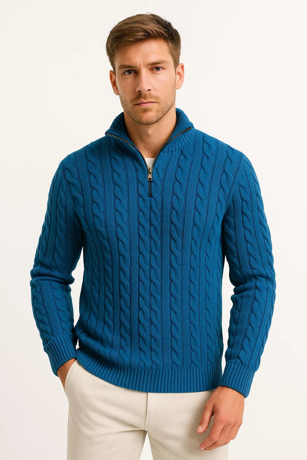 Strickpullover Herren mit schmalen Zöpfen und Zipkragen - Petrol #Farbe_Petrol