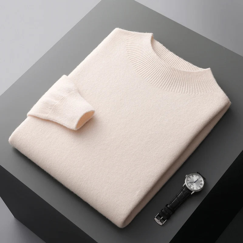 Strickpullover Herren mit Stehkragen und feinem Ripprand - Beige #Farbe_Beige