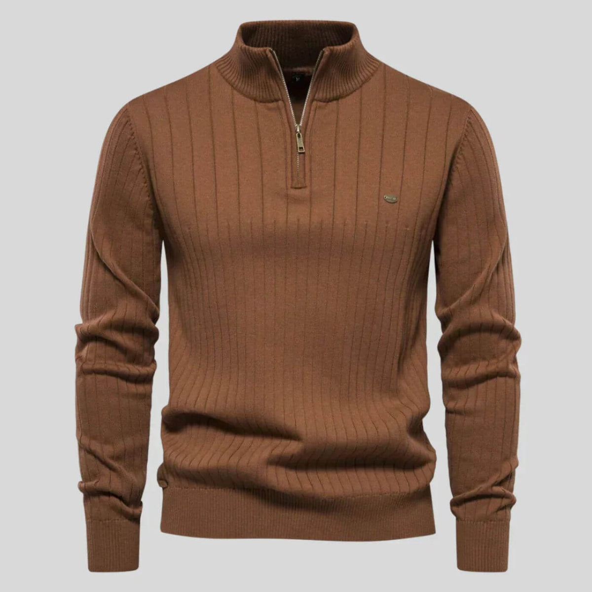 Strickpullover Herren mit Stehkragen und kurzem Zipper - Braun #Farbe_Braun