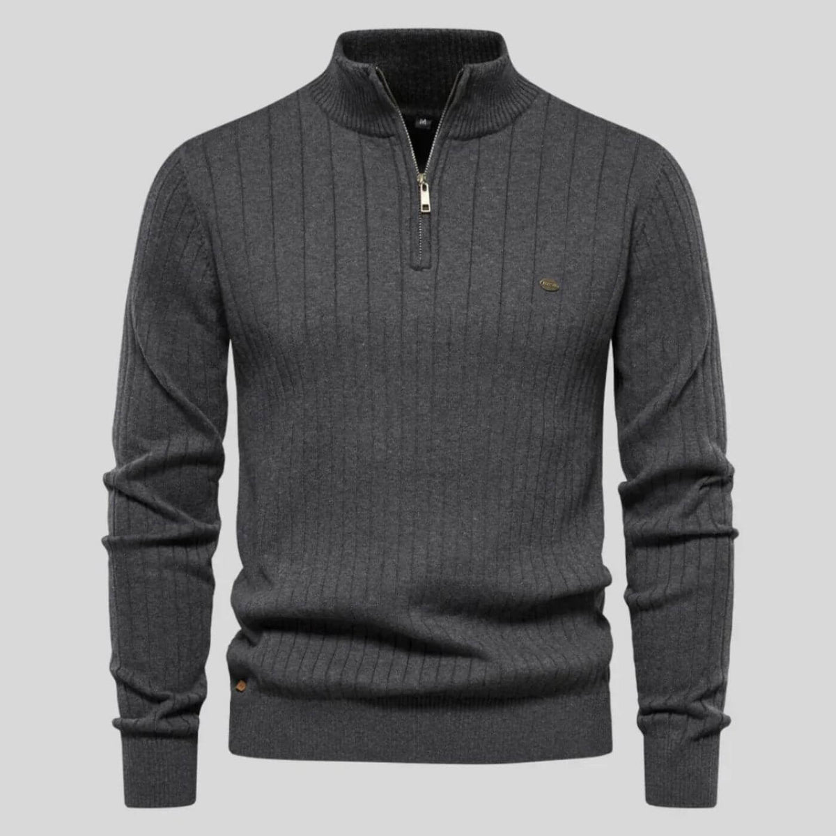Strickpullover Herren mit Stehkragen und kurzem Zipper - Grau #Farbe_Grau