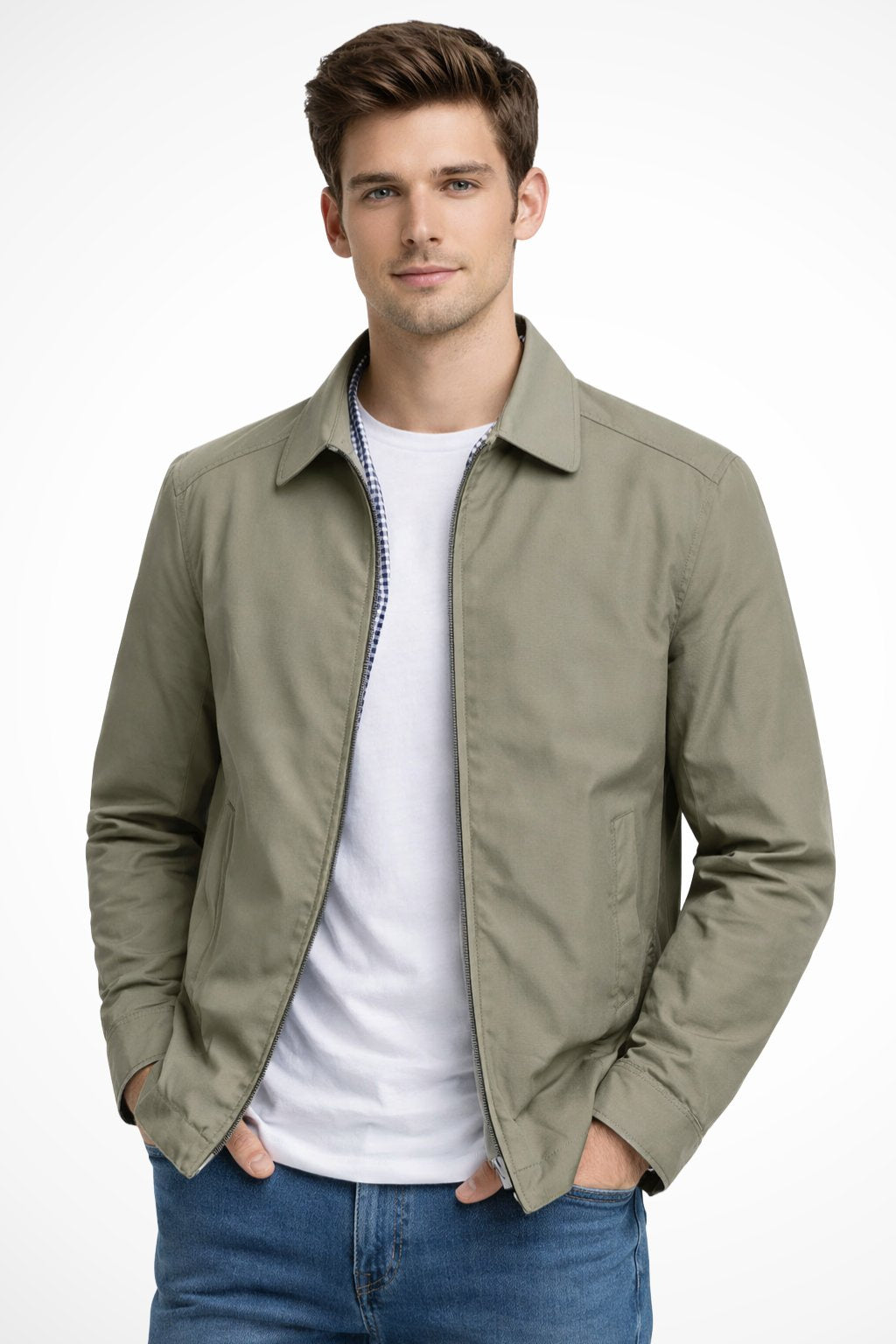 Übergangsjacke Herren mit Hemdkragen und kariertem Innenbild - Beige #Farbe_Beige