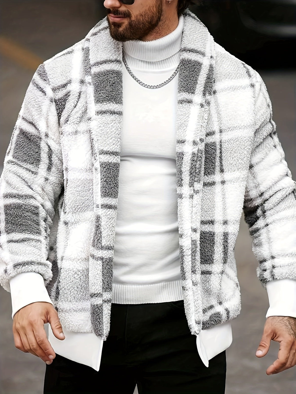Übergangsjacke Herren mit Karos und breiten Rippbündchen - Weiss-Grau #Farbe_Weiss-Grau