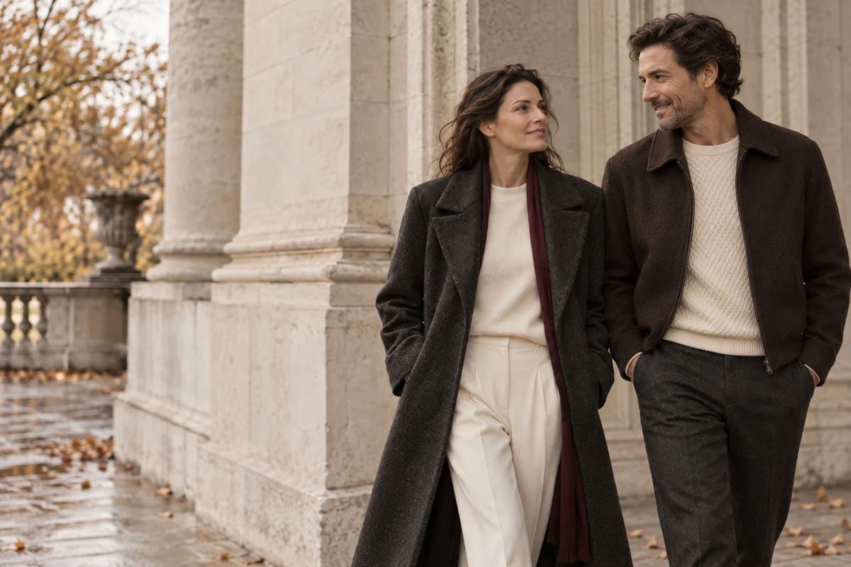 Frau und Mann in herbstlicher Kleidung vor einer hellen Säulenfassade