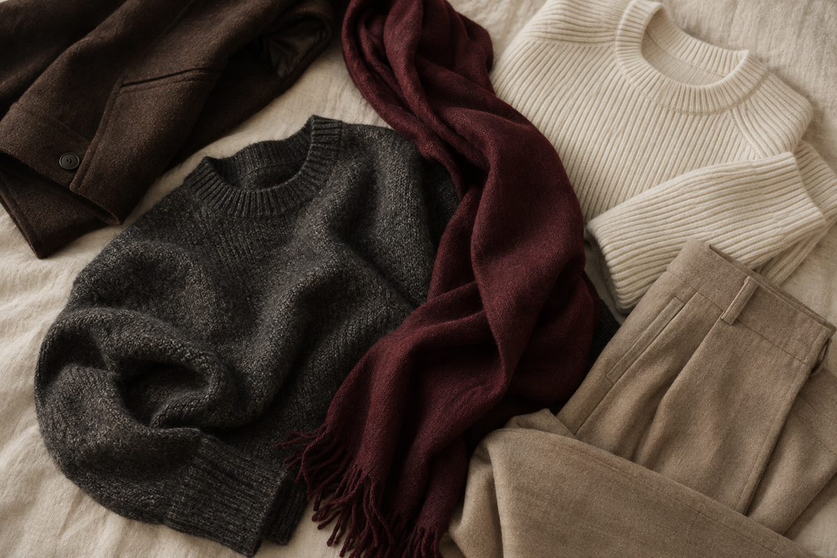 Aufeinander abgestimmte Kleidungsstücke in Anthrazit, Elfenbein, Bordeaux und Braun als Inspiration zum Kombinieren.