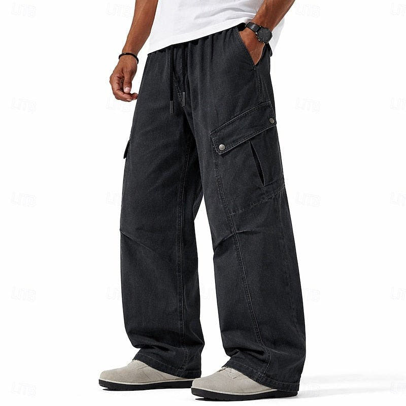 Cargohose Herren mit weitem Bein und Druckknopftaschen - Schwarz #Farbe_Schwarz