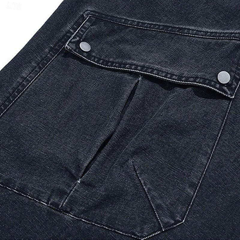 Cargohose Herren mit weitem Bein und Druckknopftaschen - Schwarz #Farbe_Schwarz