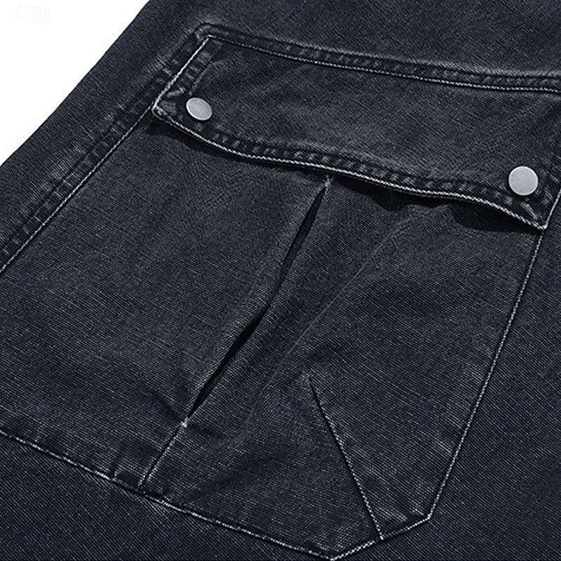 Cargohose Herren mit weitem Bein und Druckknopftaschen - Schwarz #Farbe_Schwarz