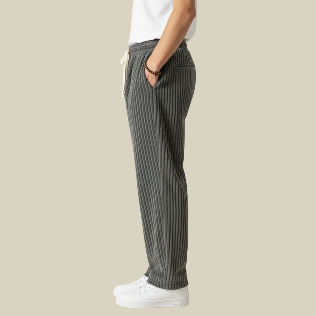 Cordhose Herren mit breiten Rippen und langem Kordelzug - Grau #Farbe_Grau