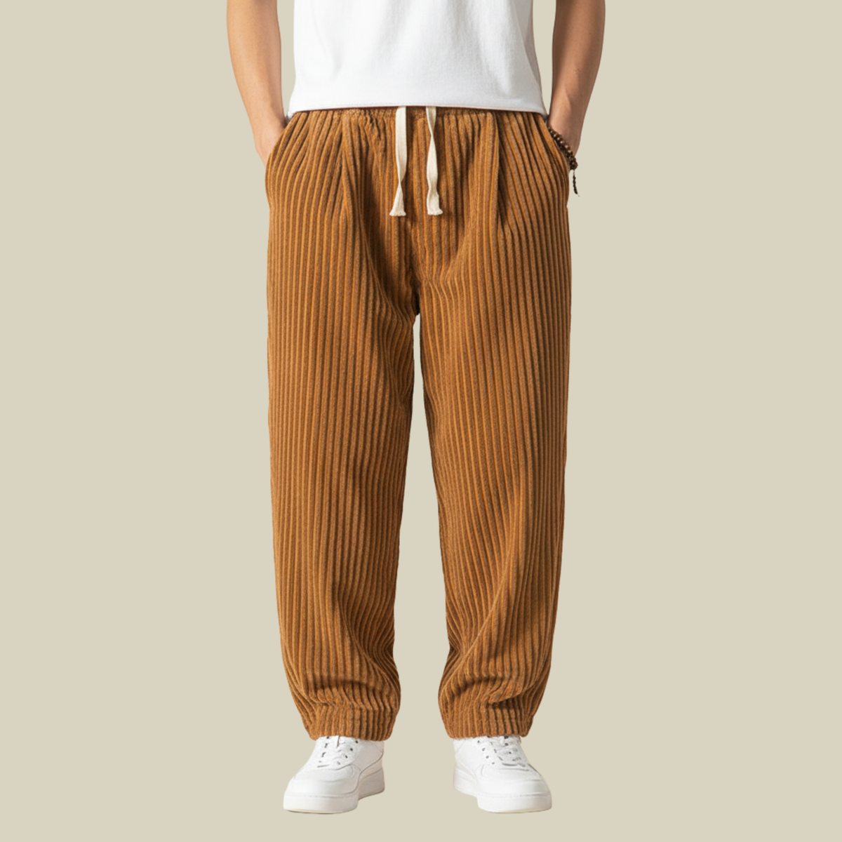 Cordhose Herren mit breiten Rippen und langem Kordelzug - Braun #Farbe_Braun