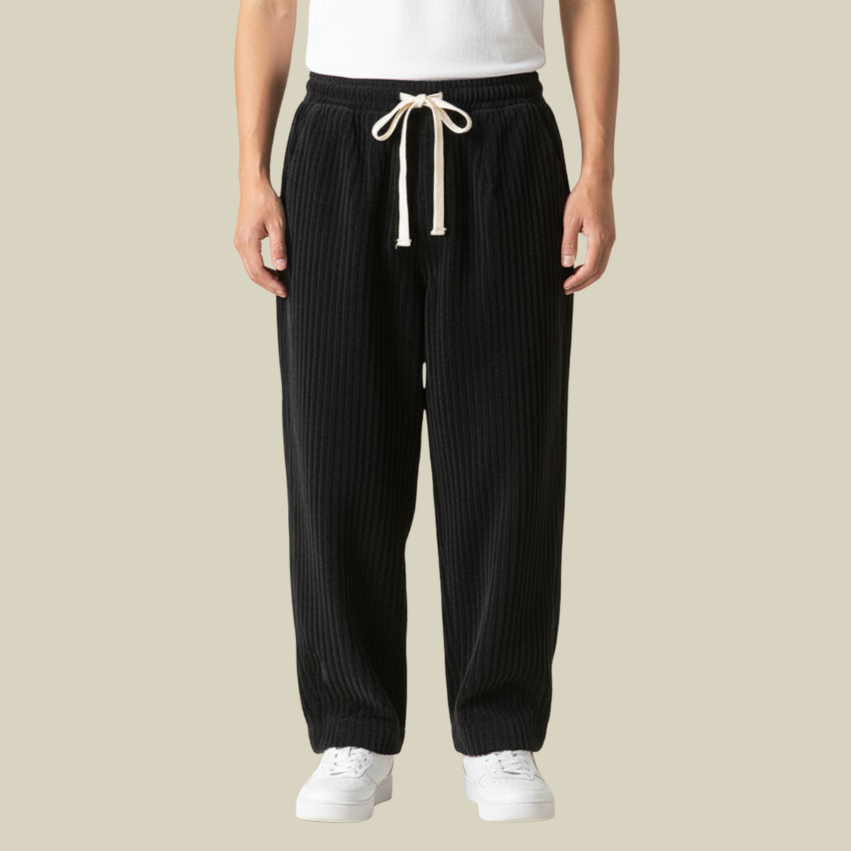 Cordhose Herren mit breiten Rippen und langem Kordelzug - Schwarz #Farbe_Schwarz