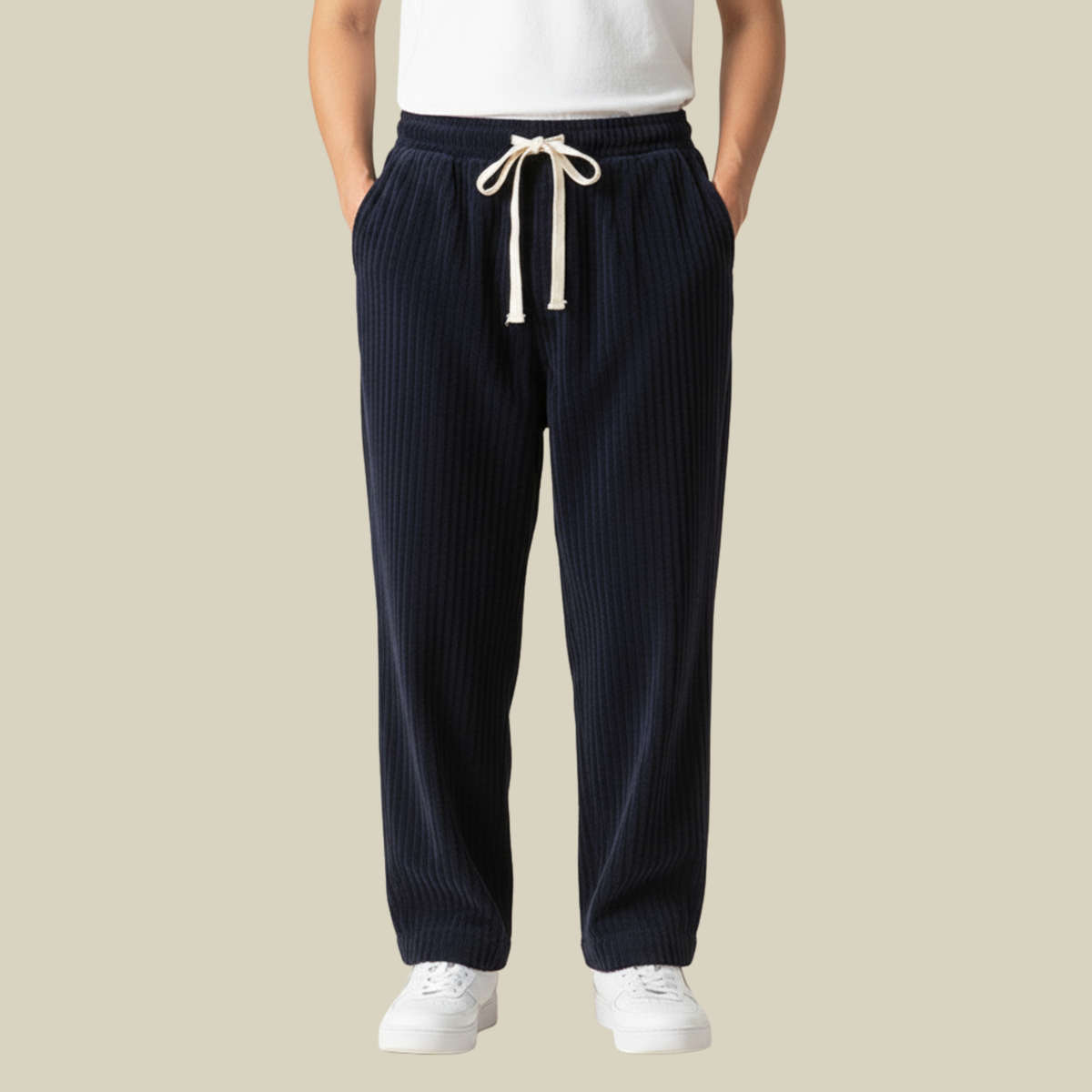 Cordhose Herren mit breiten Rippen und langem Kordelzug - Marineblau #Farbe_Marineblau