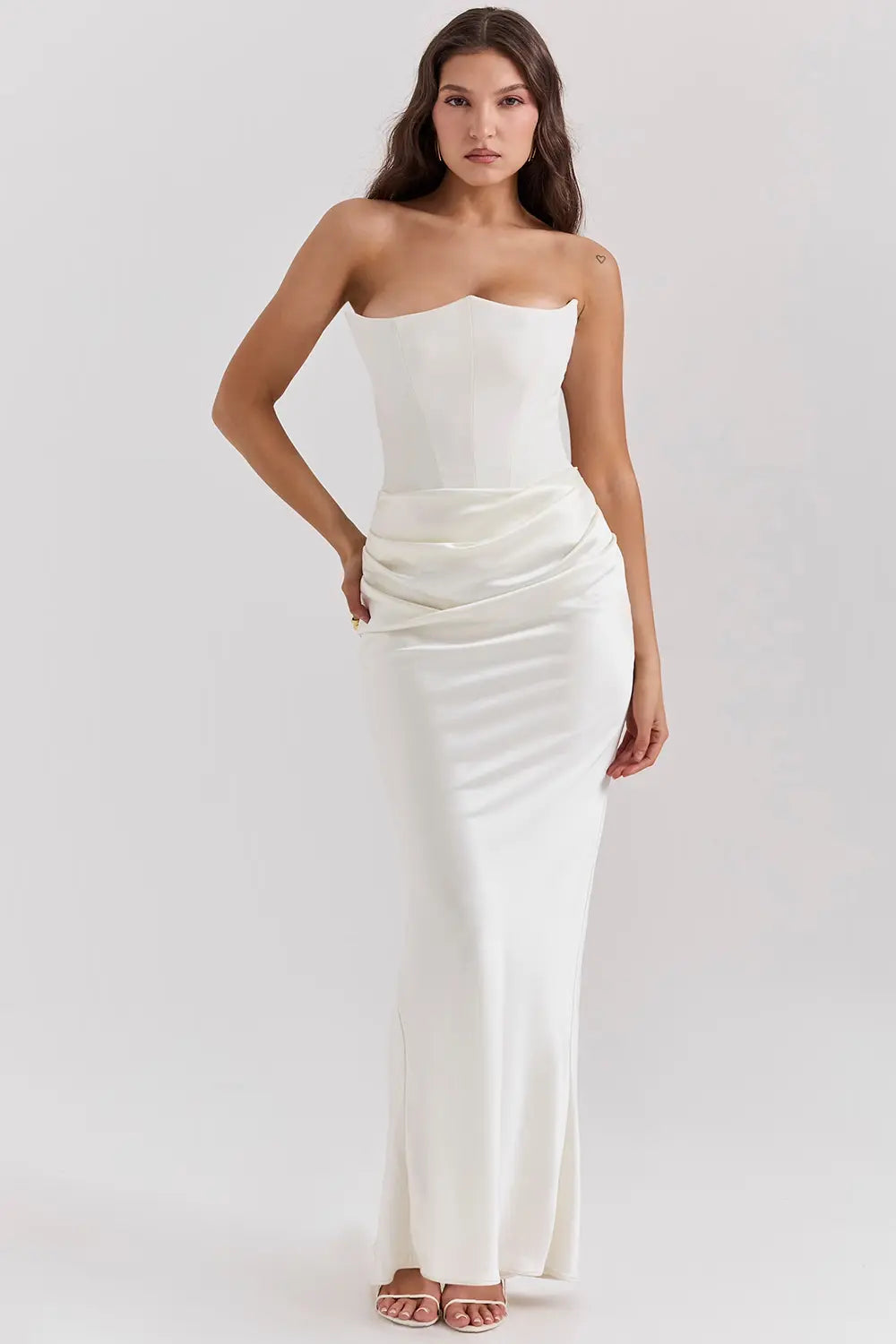 Damen Abendkleid bodenlang mit Bandeau und Raffung - Weiß