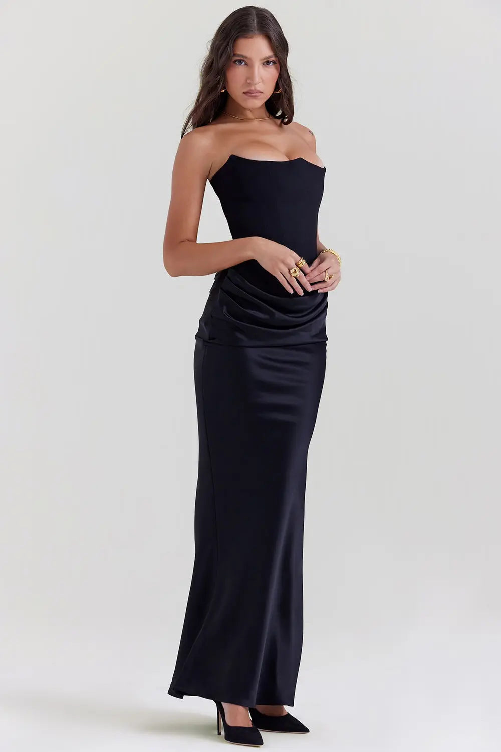 Damen Abendkleid bodenlang mit Bandeau und Raffung