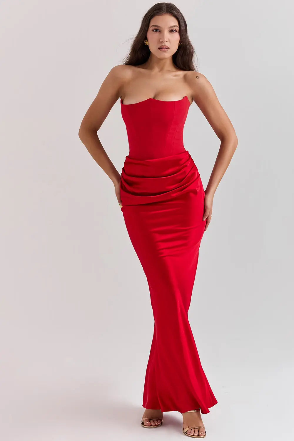 Damen Abendkleid bodenlang mit Bandeau und Raffung - Rot