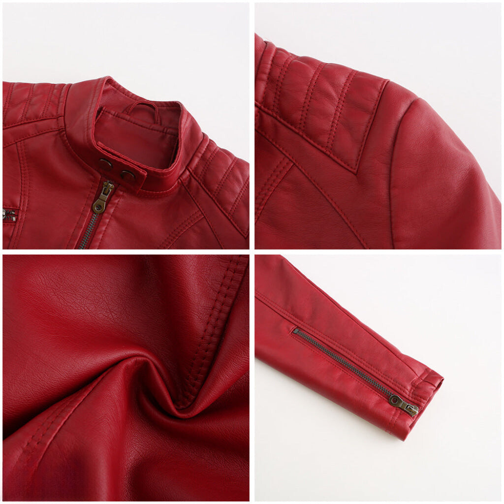 Damen Bikerjacke in Kunstlederoptik mit Stehkragen