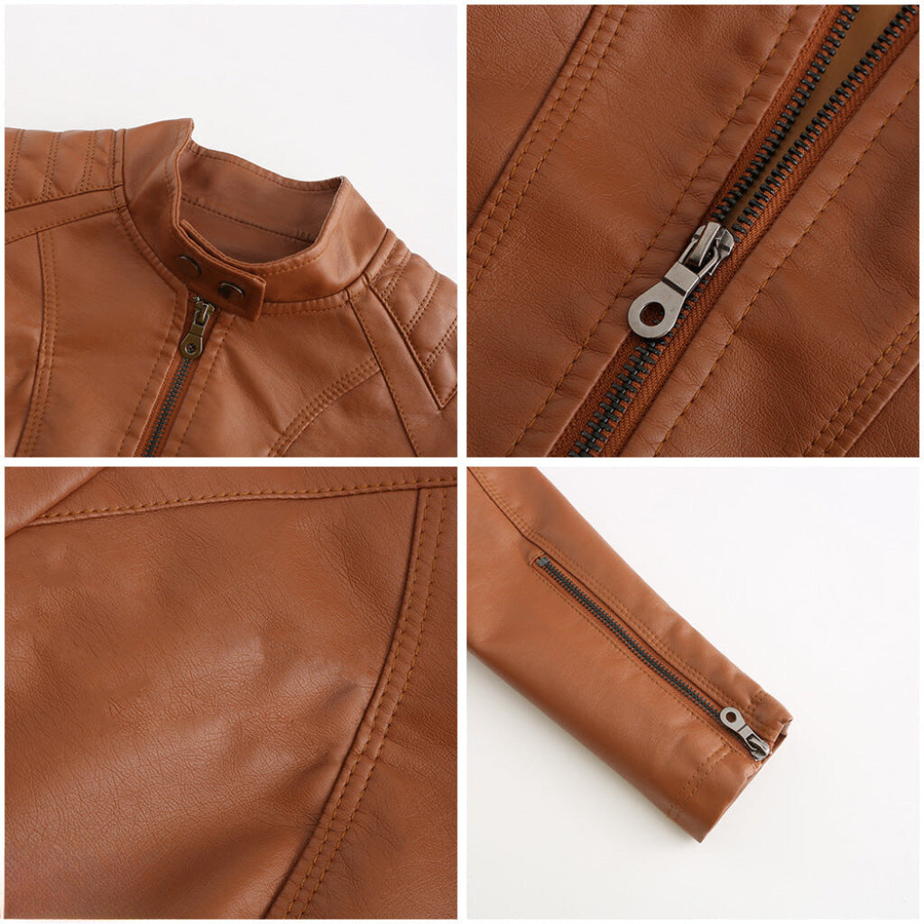 Damen Bikerjacke in Kunstlederoptik mit Stehkragen