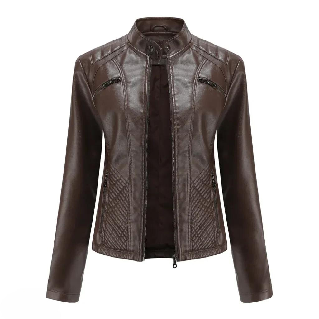 Damen Bikerjacke in Kunstlederoptik mit Stehkragen - Café