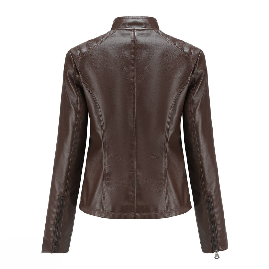 Damen Bikerjacke in Kunstlederoptik mit Stehkragen