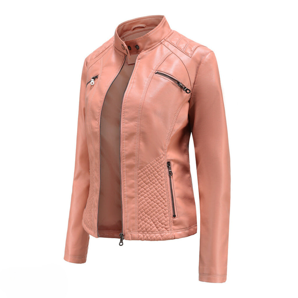 Damen Bikerjacke in Kunstlederoptik mit Stehkragen