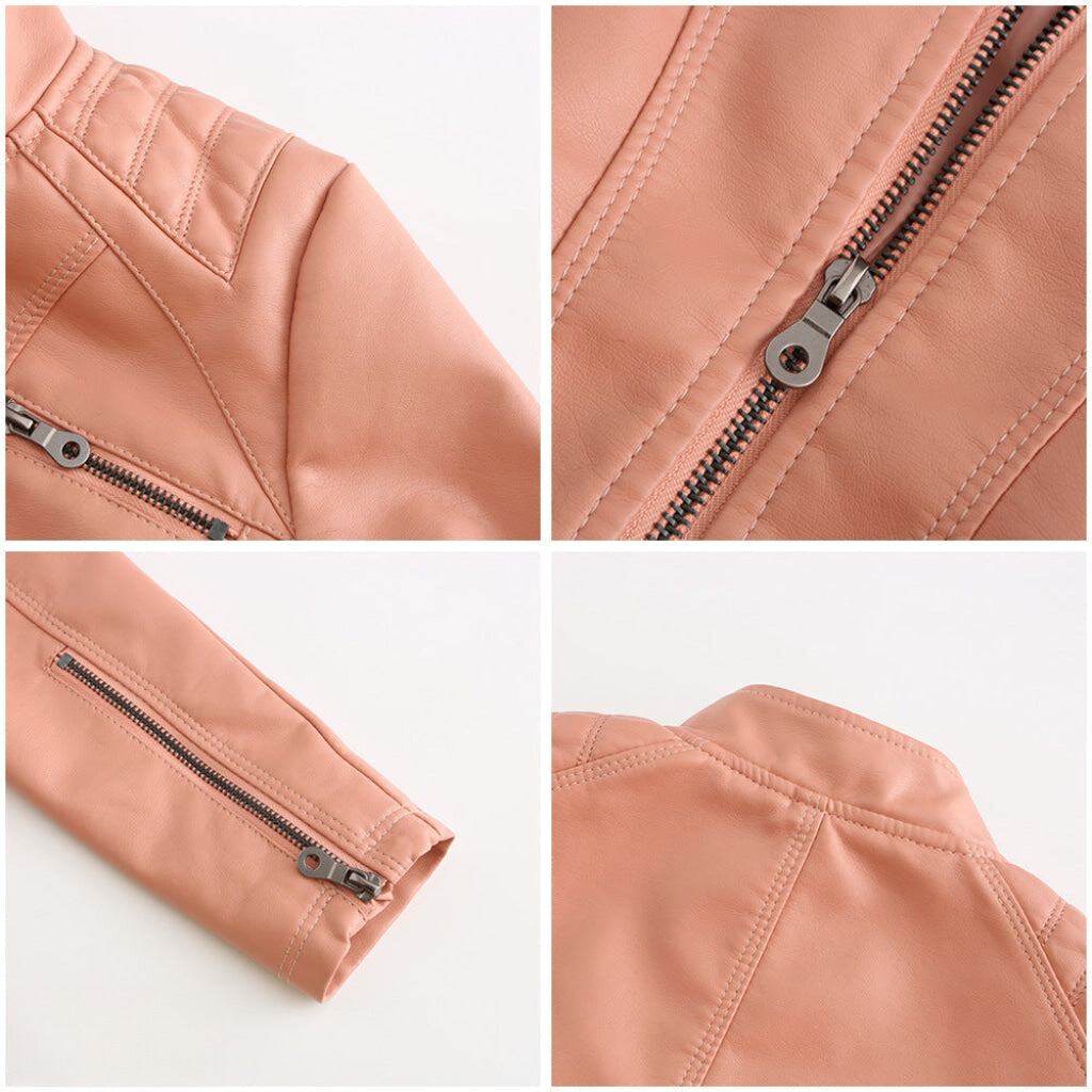 Damen Bikerjacke in Kunstlederoptik mit Stehkragen
