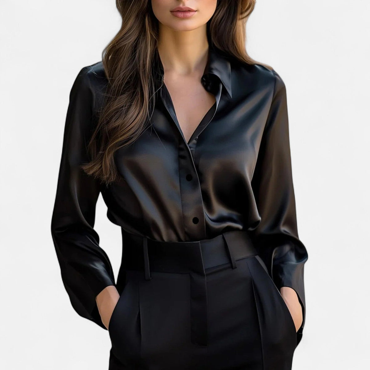 Damen Bluse in Satinoptik mit Hemdkragen und Manschette - Schwarz