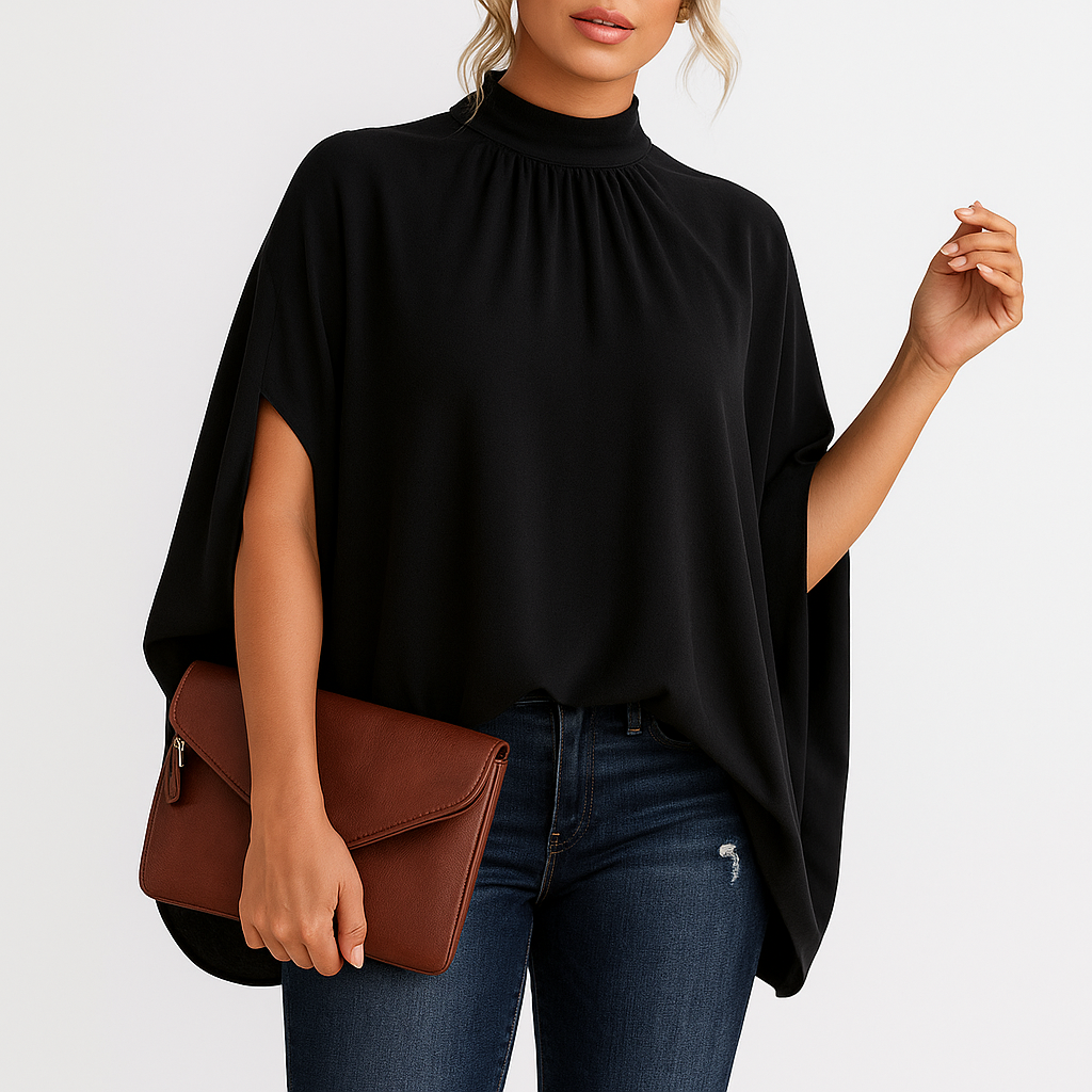 Damen Bluse mit Linienmuster und Stehkragen locker - Schwarz